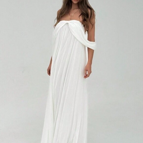 White Elegant Women's Holiday Sexy Off Shoulder Strapless Flowing Backless Dress - Picture 5 of 8